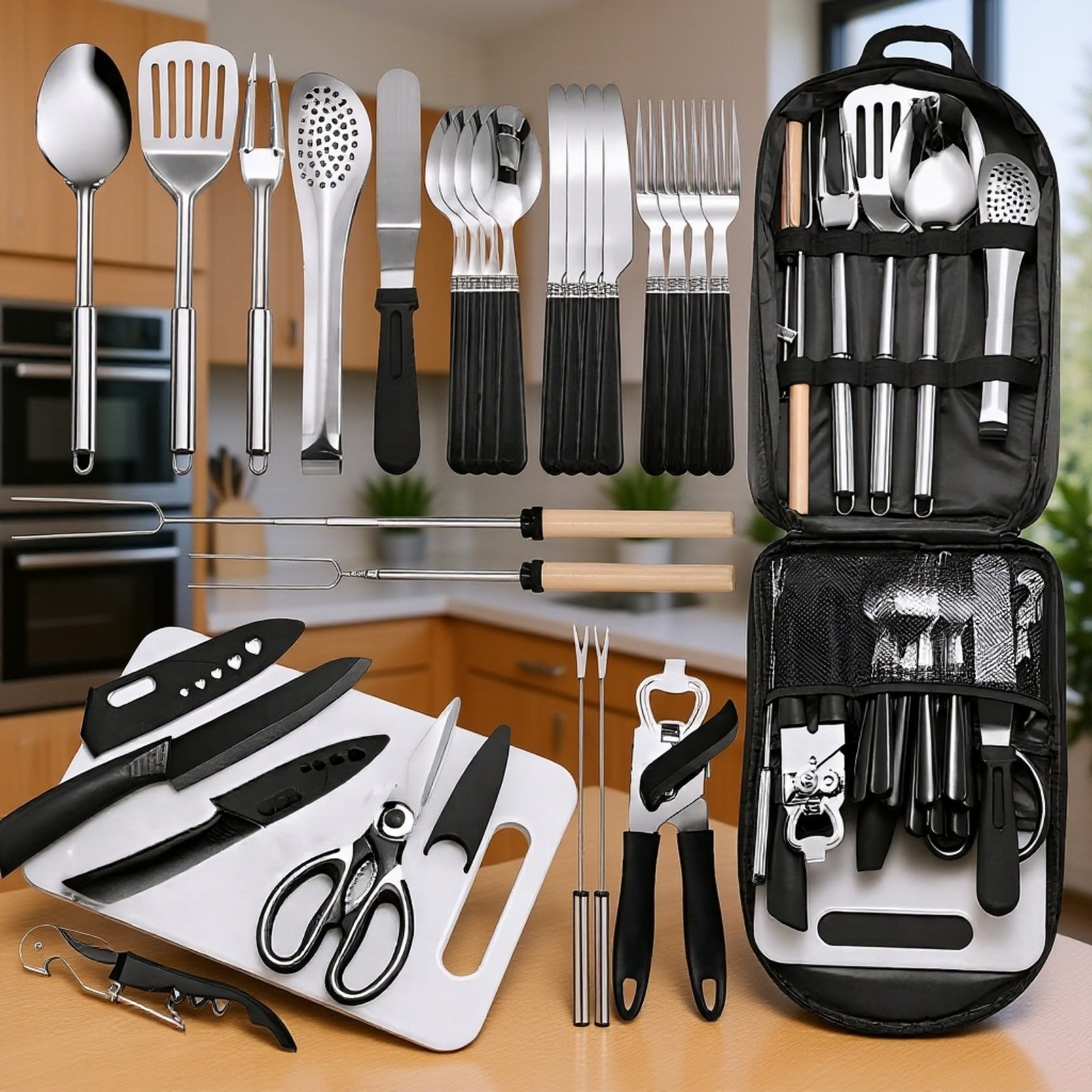 キャンプ用ステンレス製カトラリー収納アウトドア食器27点セット