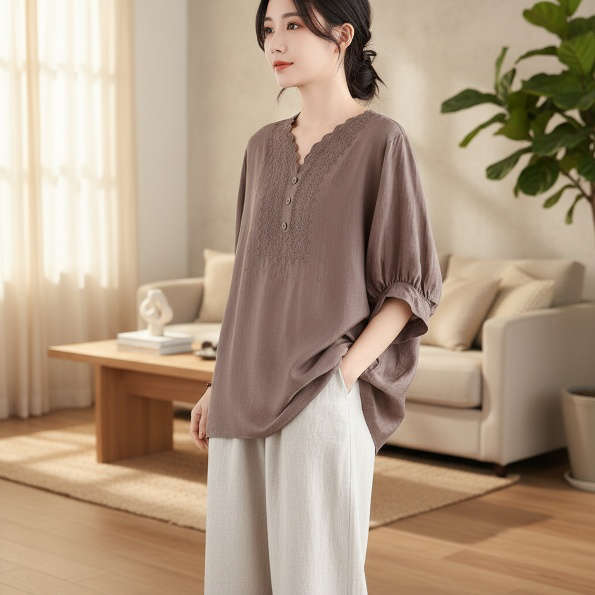 빈티지 루즈핏 빅사이즈 여성 브이넥 여름 상의
