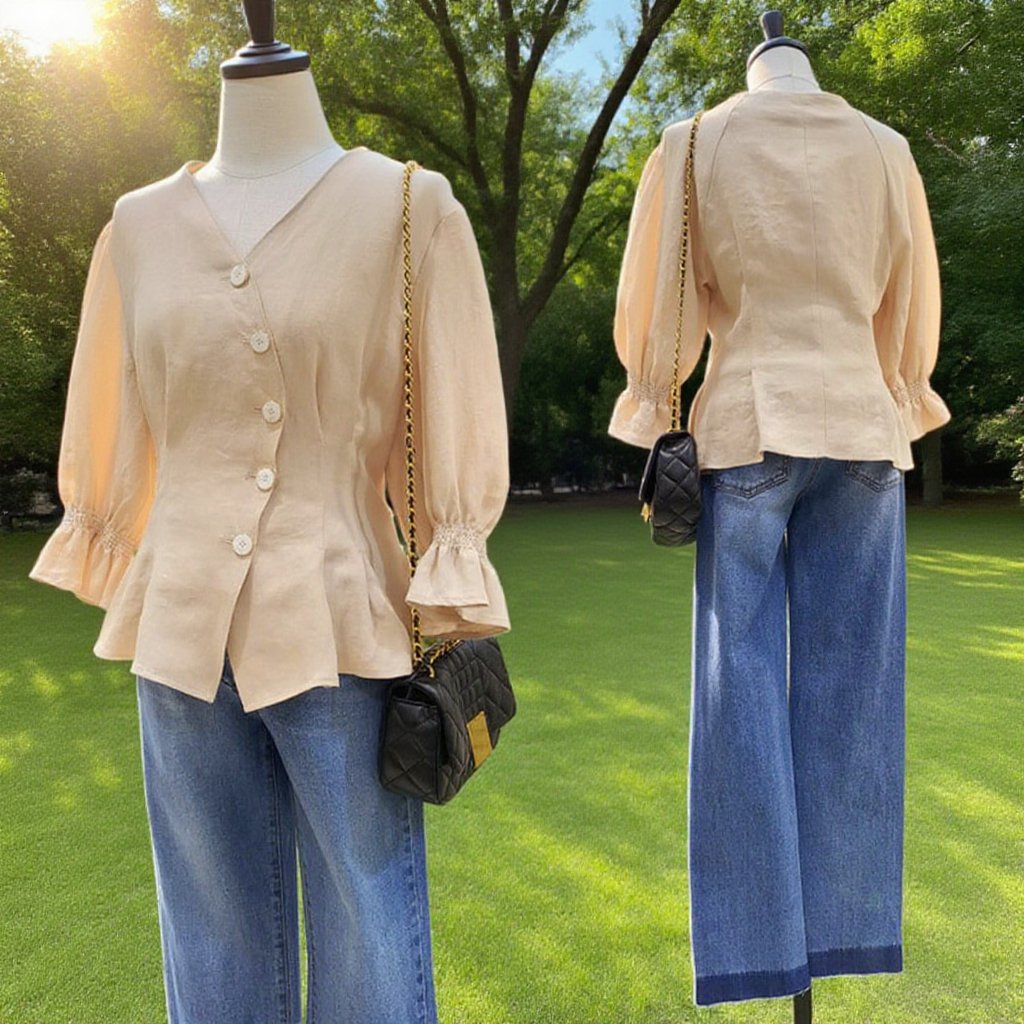 V襟腰部締め気質シャツ