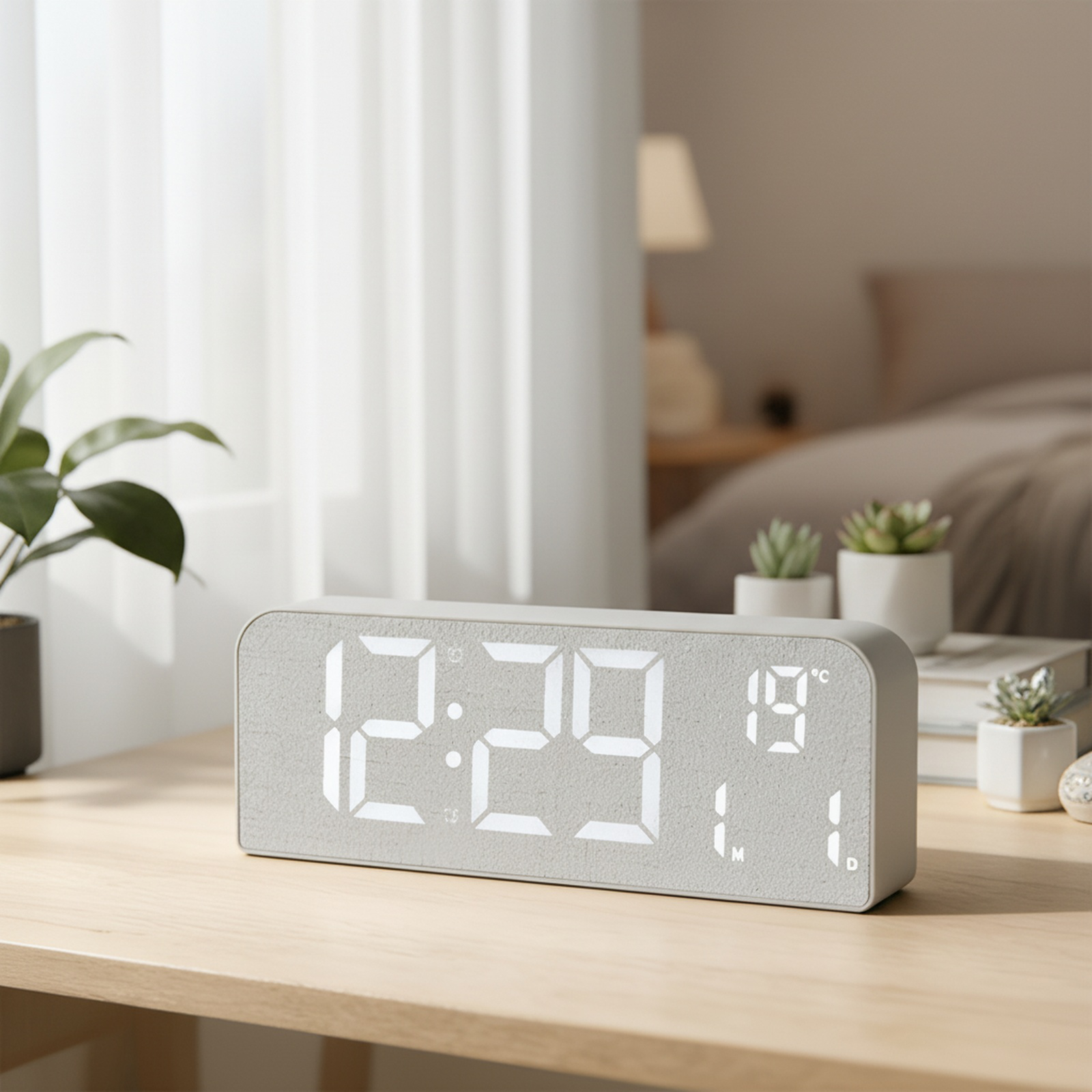 LED-Tischuhr mit Holzmaserung im nordischen Stil