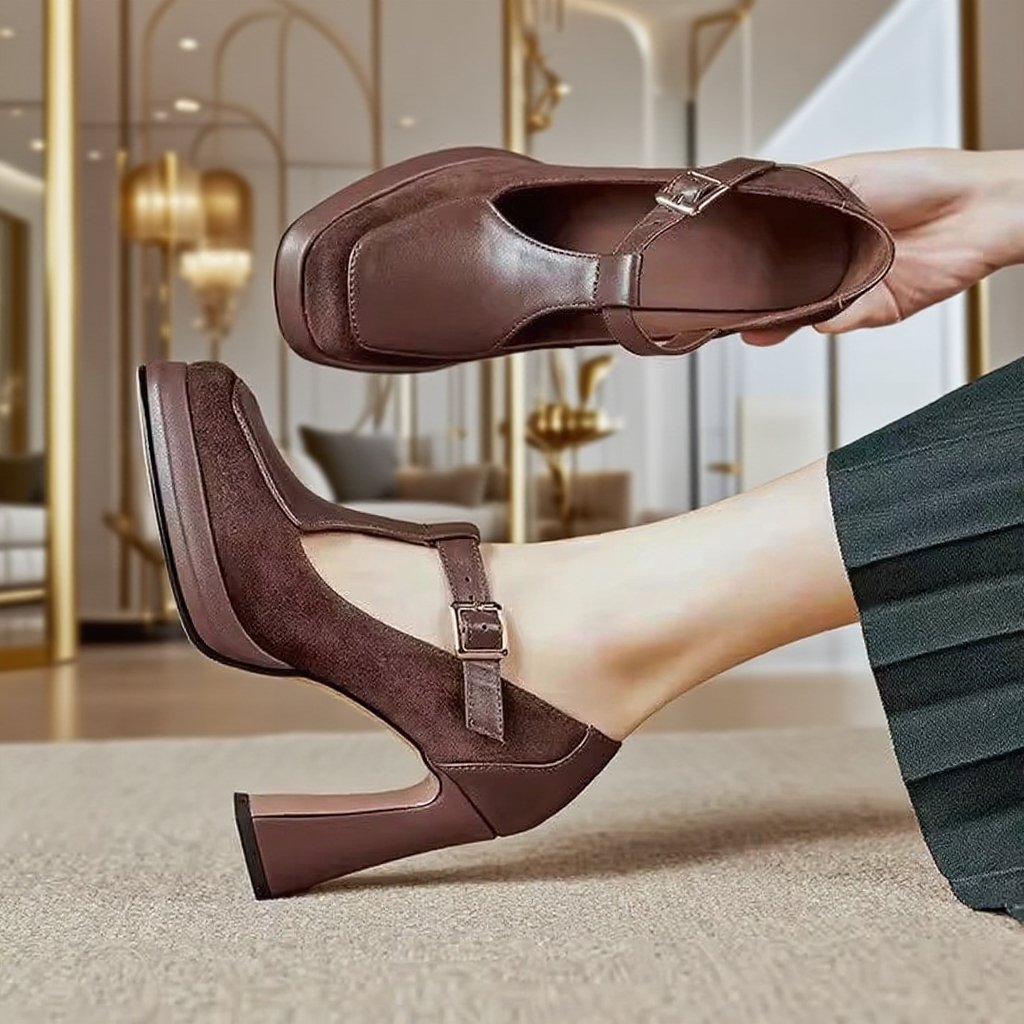 Vintage Quadratkopf Schuhe mit groben Absätzen Vorderansicht