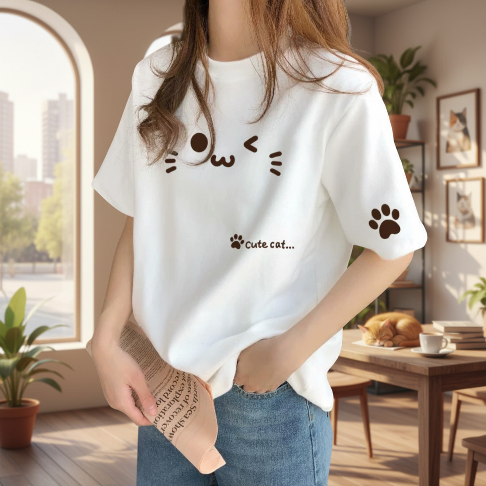 デザイン感のある レディース コットン ベージュ インナーTシャツ