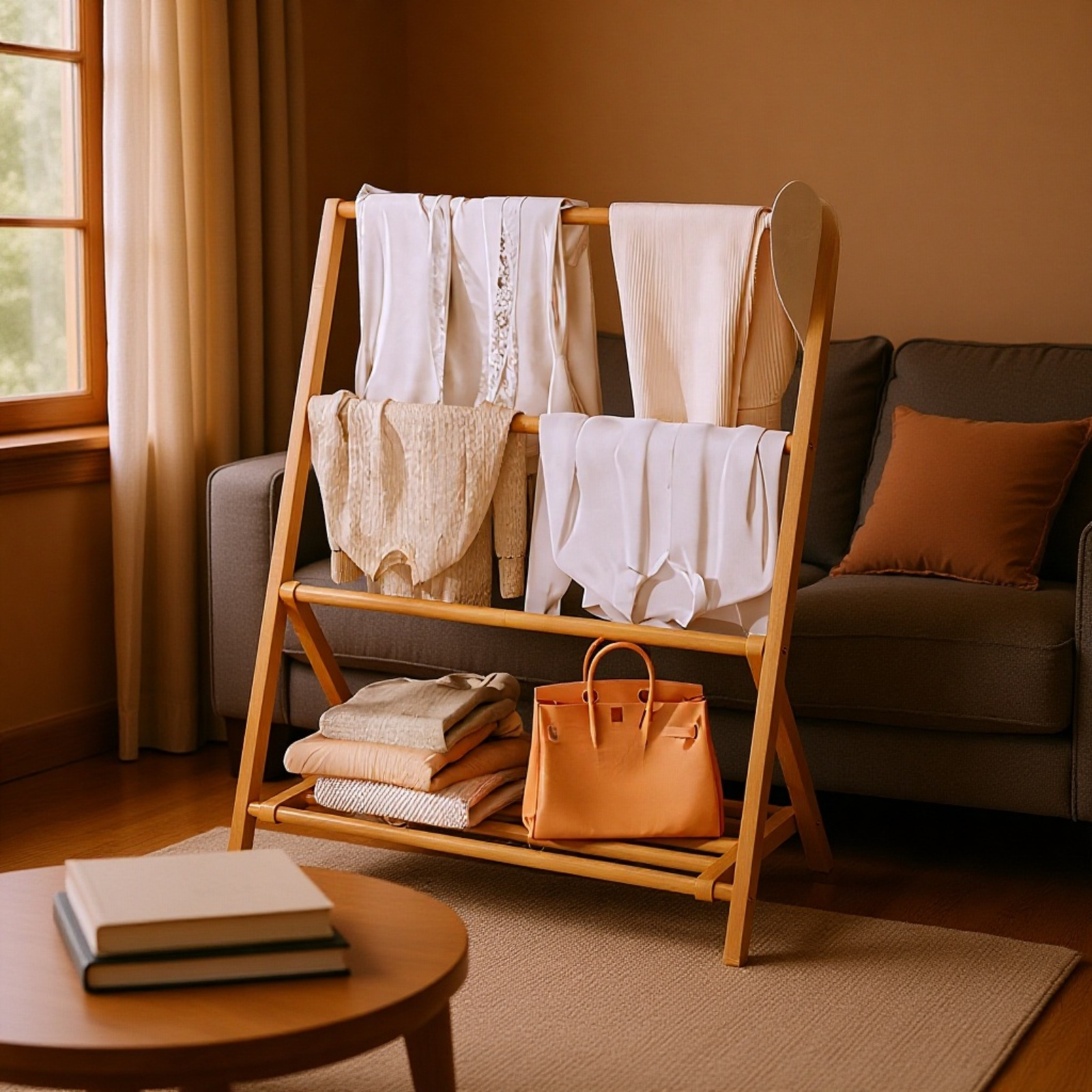 省スペース収納可能な竹製衣帽架