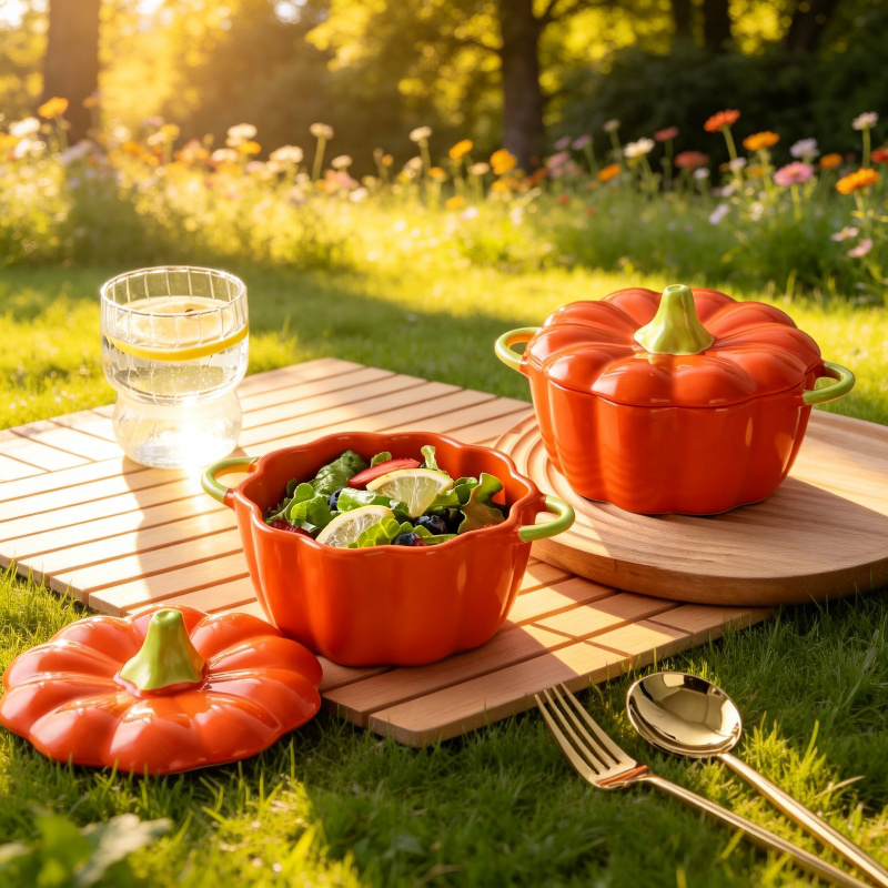 Kürbisförmige Keramikschüssel mit Deckel und zwei Griffen, niedrig glasiert