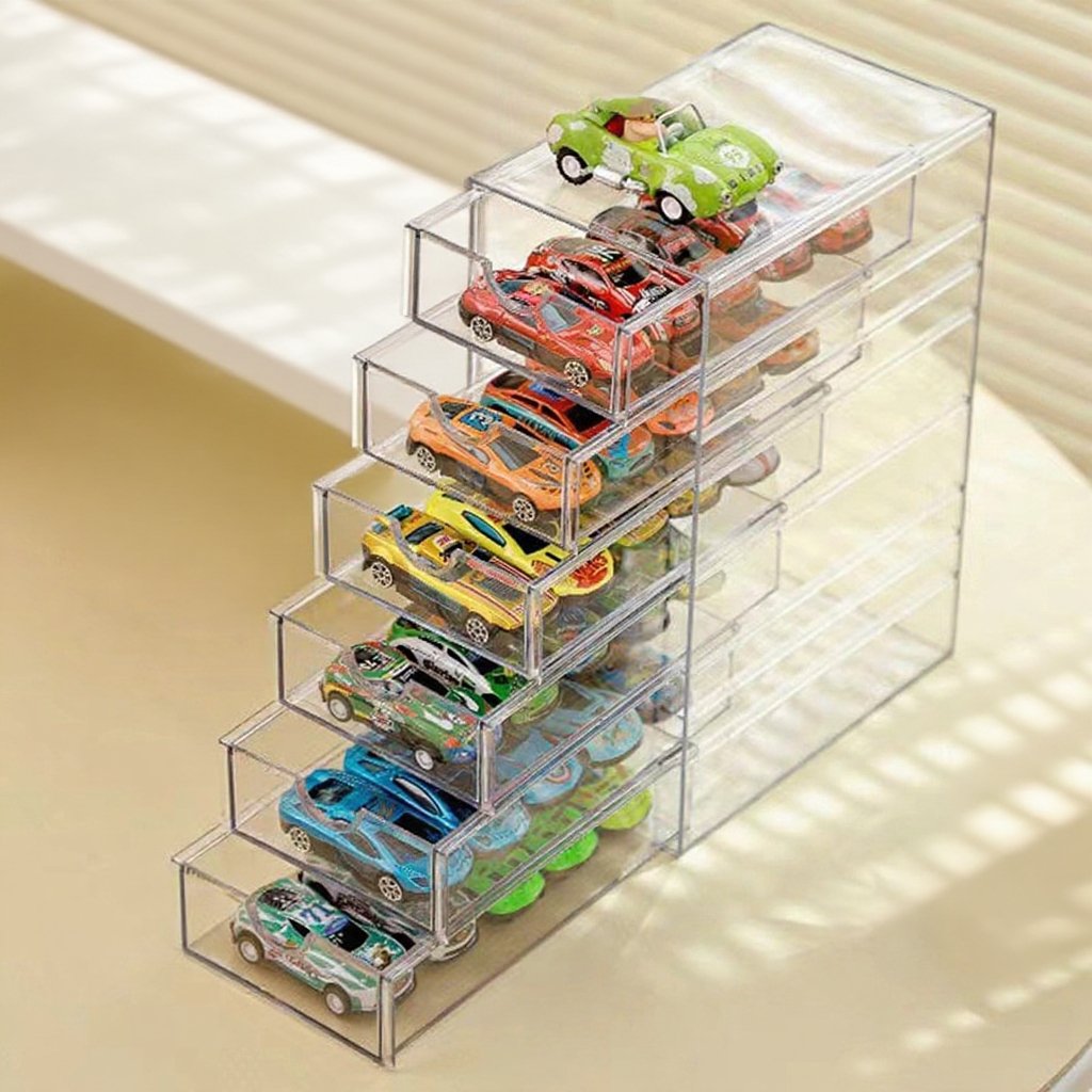 Przezroczyste pudełko na samochodziki Hot Wheels z szufladami