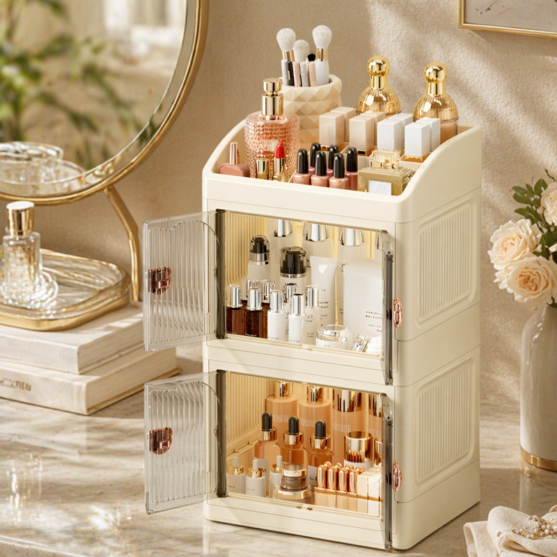 Elegant cosmetic storage cabinet on vanity desk
