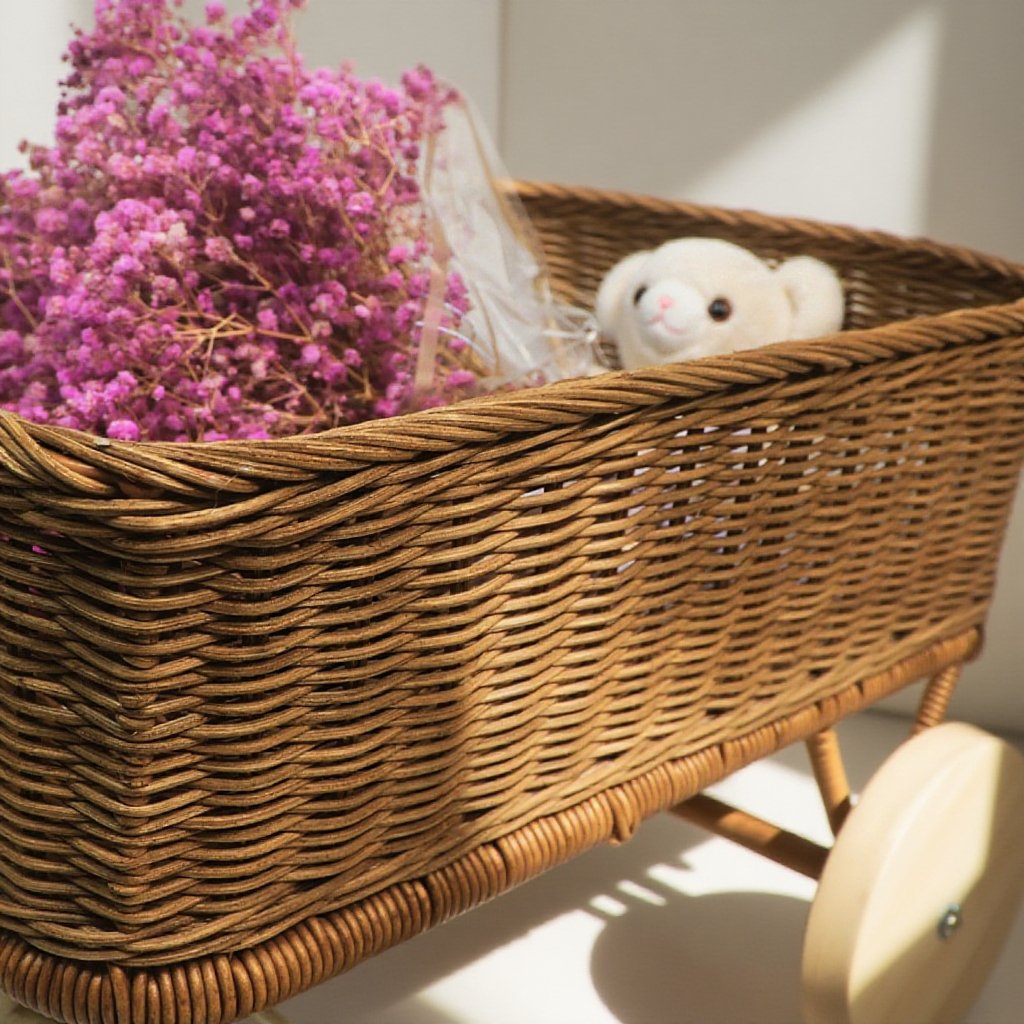 Vozík na hračky z přírodního ratanu, koš na plyšové hračky, venkovní vozík