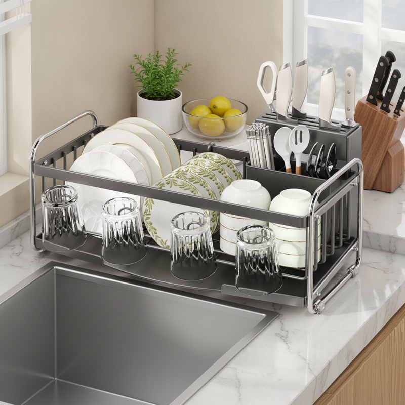 Kitchen Countertop Multifunctional Drain Rack with Knife and Chopstick Holder