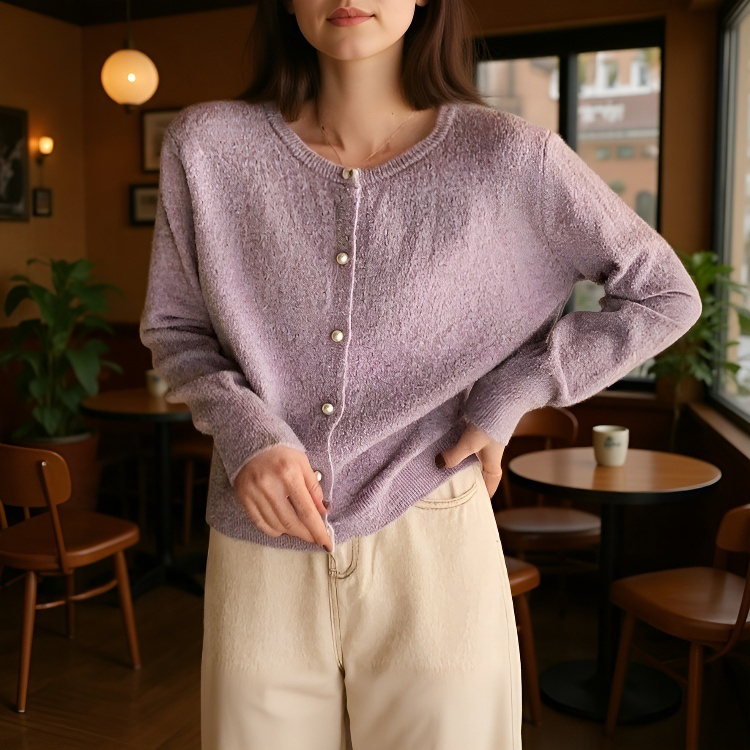 여성 니트 가디건 긴팔 솔리드 상의 진주 버클 여성 봄가을 라운드 니트 가디건 부드러운 니트 코트
