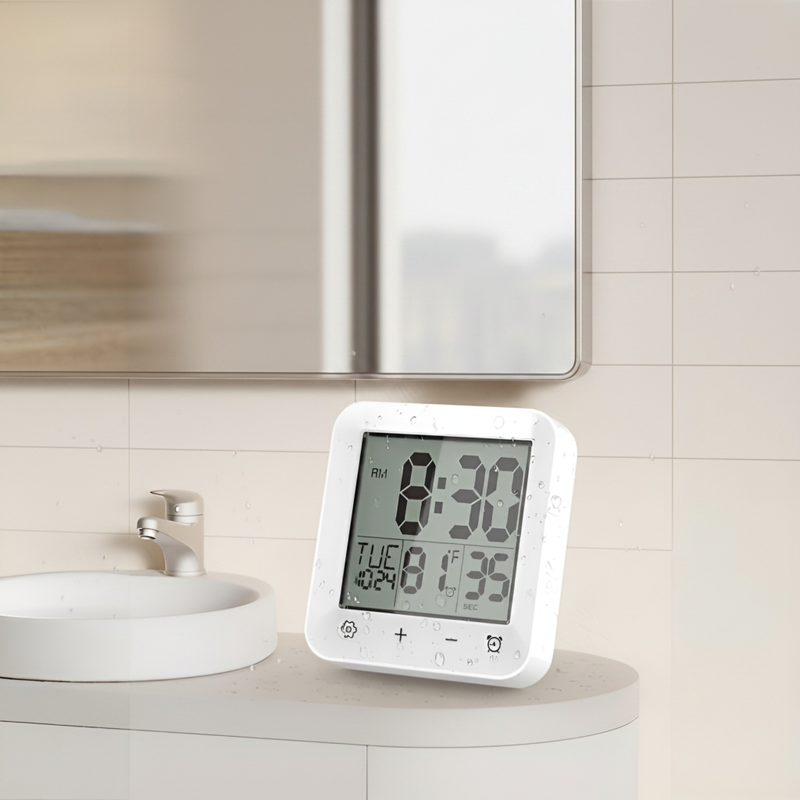 Waterproof bathroom clock with suction cup, multi-functional bathroom thermometer, wall-mounted cloc