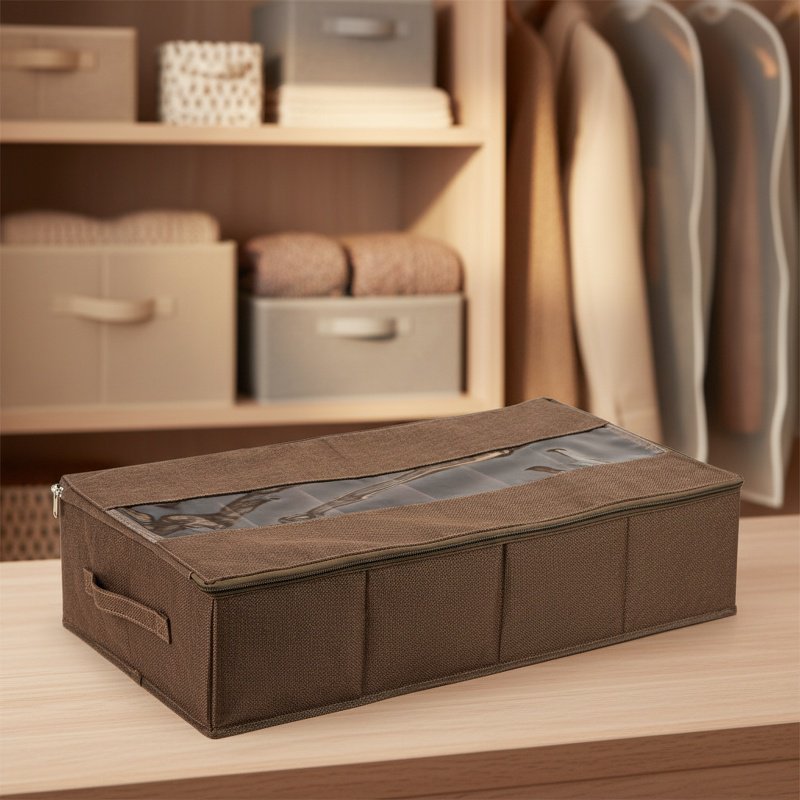 Under-bed storage box, foldable transparent fabric cover, for storing blankets, clothes, shoes, and 