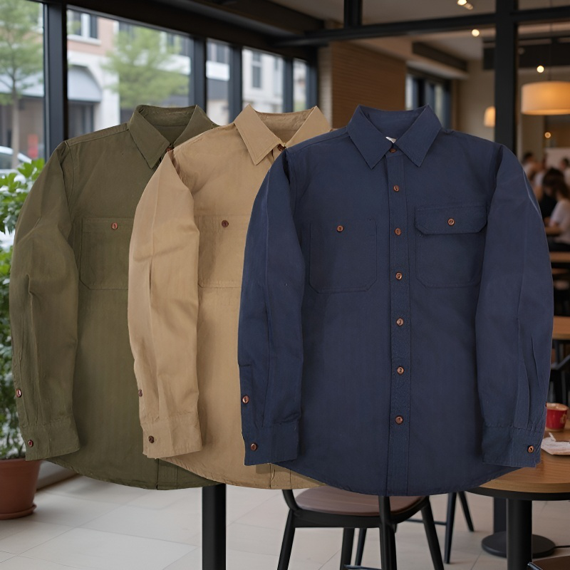 新作無地ヘリンボーン柄メンズエンジニア風日本製ワークウェア長袖シャツ