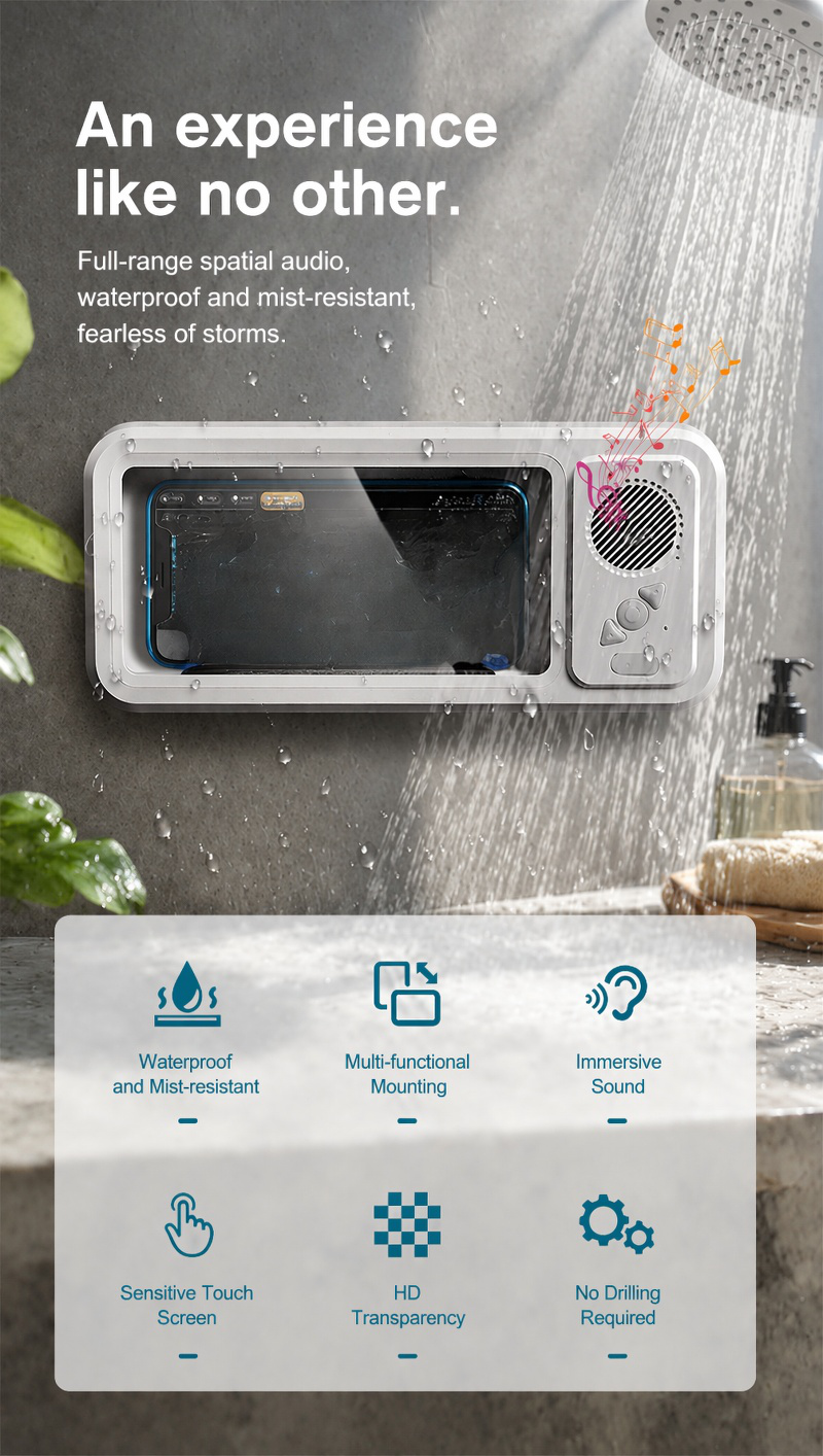 Waterproof touch screen phone holder mounted in bathroom