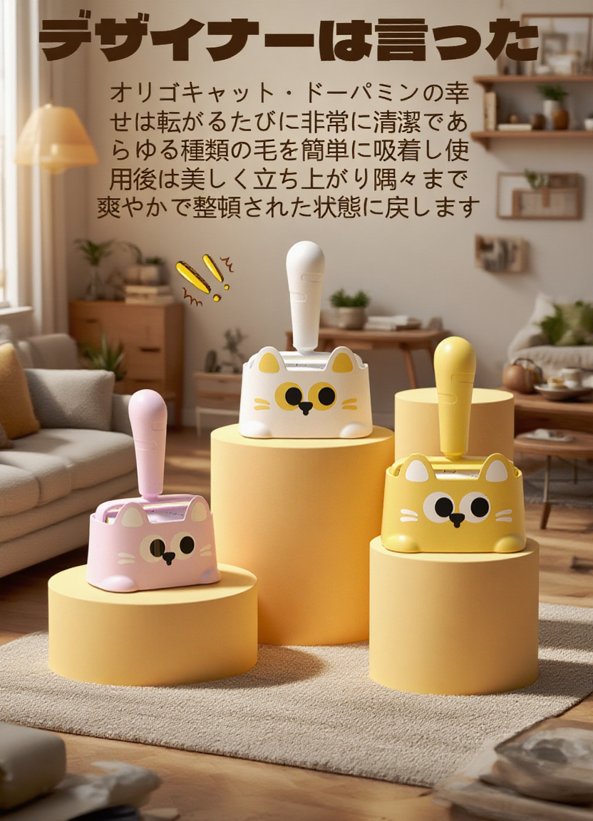 ローラーでソファの猫の毛を掃除する様子