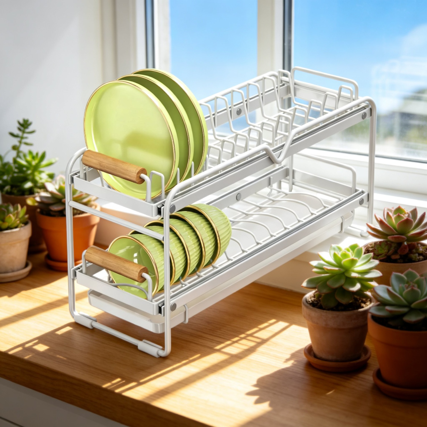 Organizador de platos antideslizante con drenaje para armario de cocina