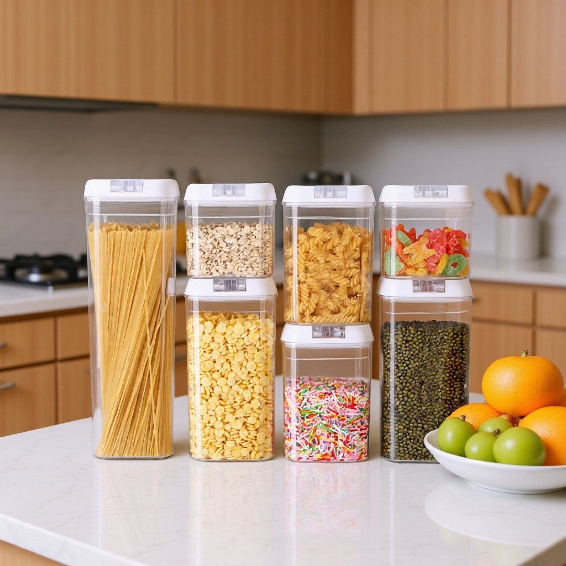 Set de 7 envases de cocina para cereales y pasta, recipientes plásticos con tapa hermética