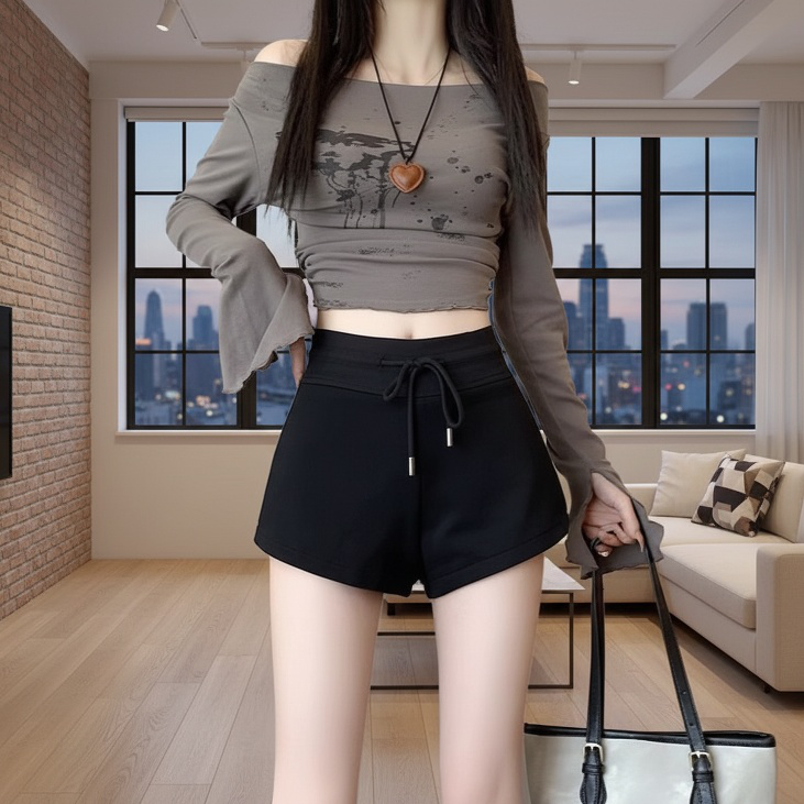 키작은 여자 반바지 슬랙스 통바지 솔리드 하이웨스트 와이드 팬츠 캐주얼 반바지 여성복