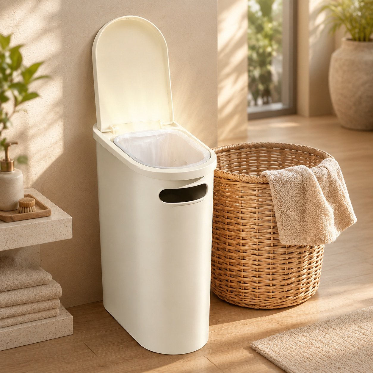 Compact waste bin for bathroom or office