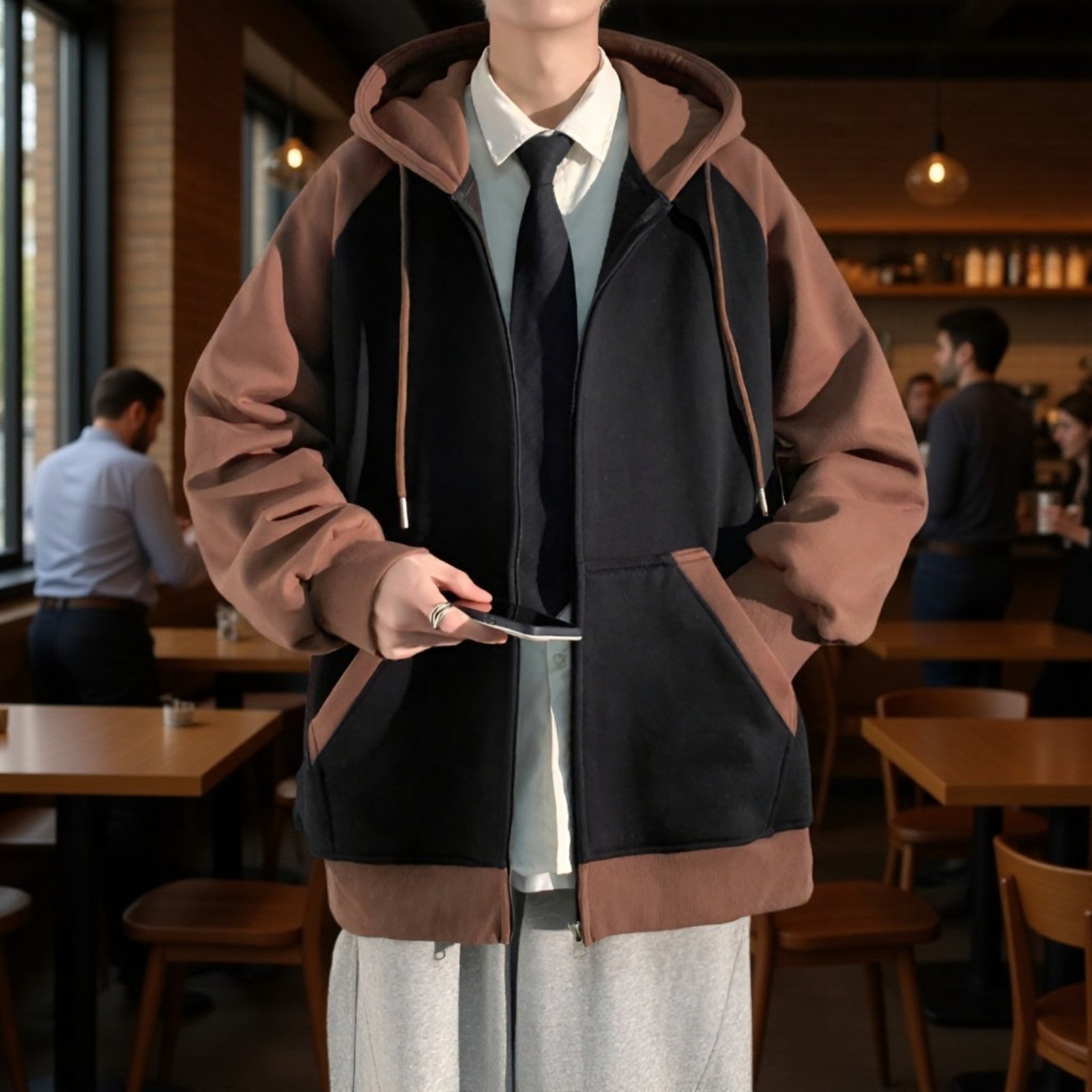 Schwere Kapuzenjacke mit Reißverschluss und Patchwork