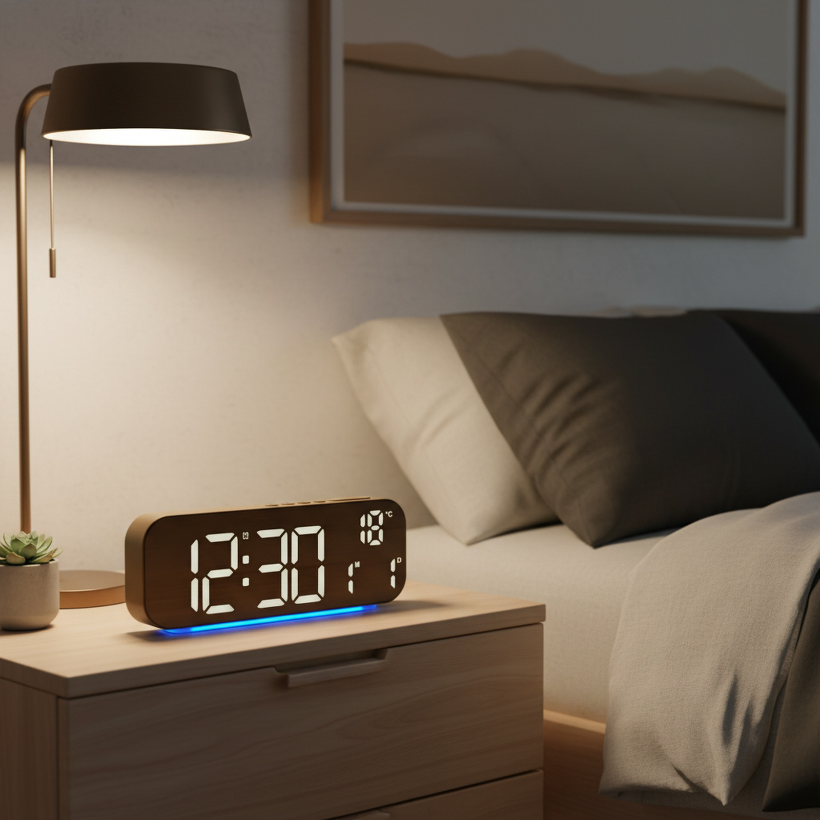 Moderne LED-Tischuhr mit großem Display im nordischen Design