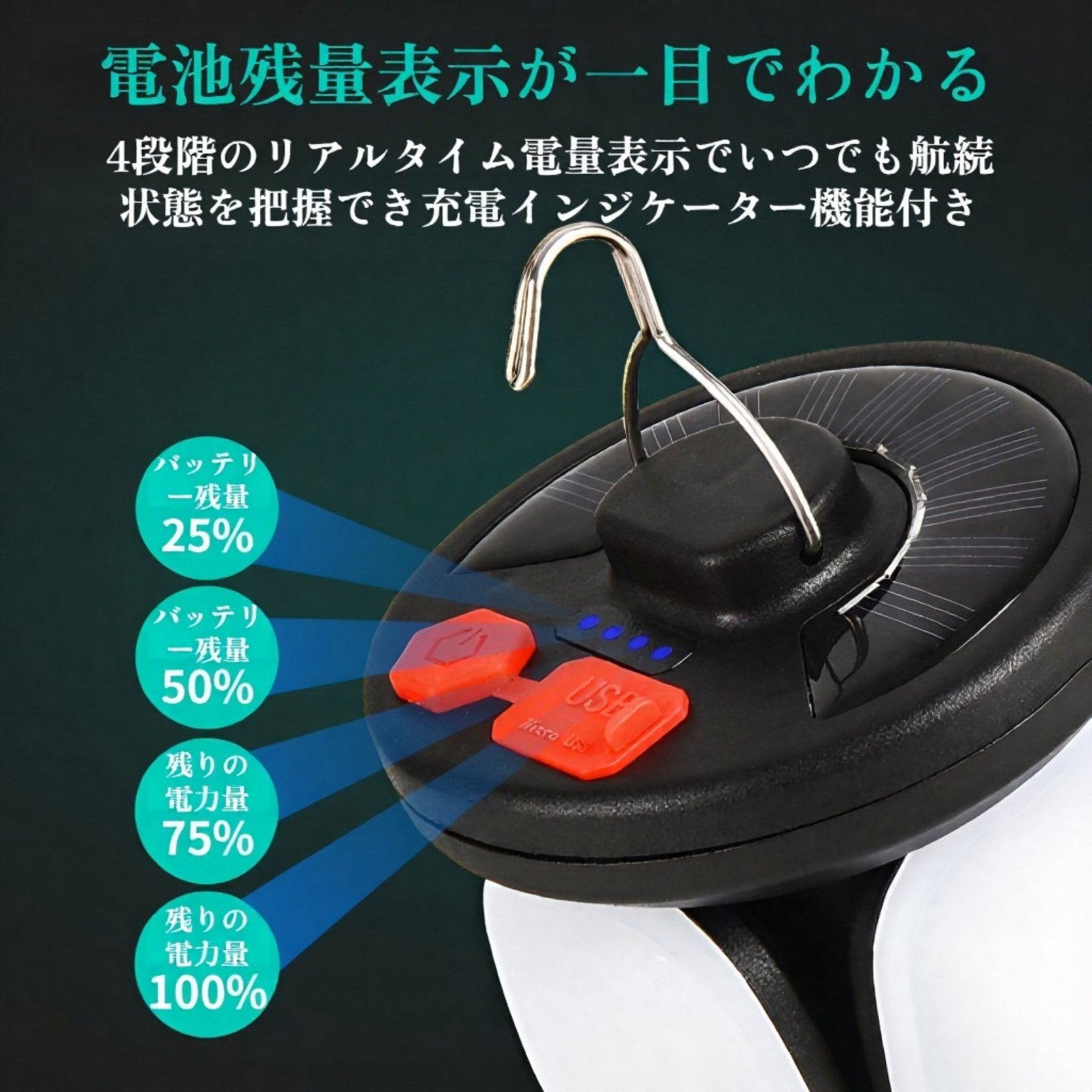 ソーラー充電式LEDテントライト 四枚羽根付き ポータブルアウトドアキャンプランプ