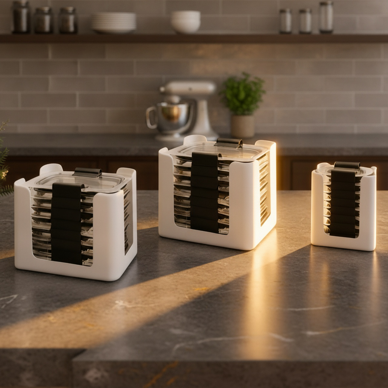 Neatly arranged lids using organizer rack in cabinet