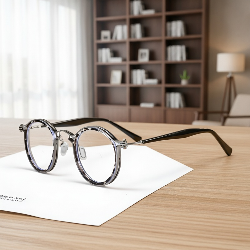 Fashionable anti-blue light glasses on a desk with laptop