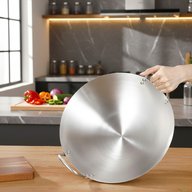 Large Stainless Steel Frying Pan for Restaurant, Double Ear Chef Frying Pan