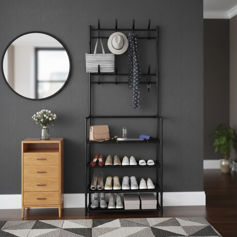 Multifunctional Simple Clothes Rack & Shoe Organizer with Door Hook