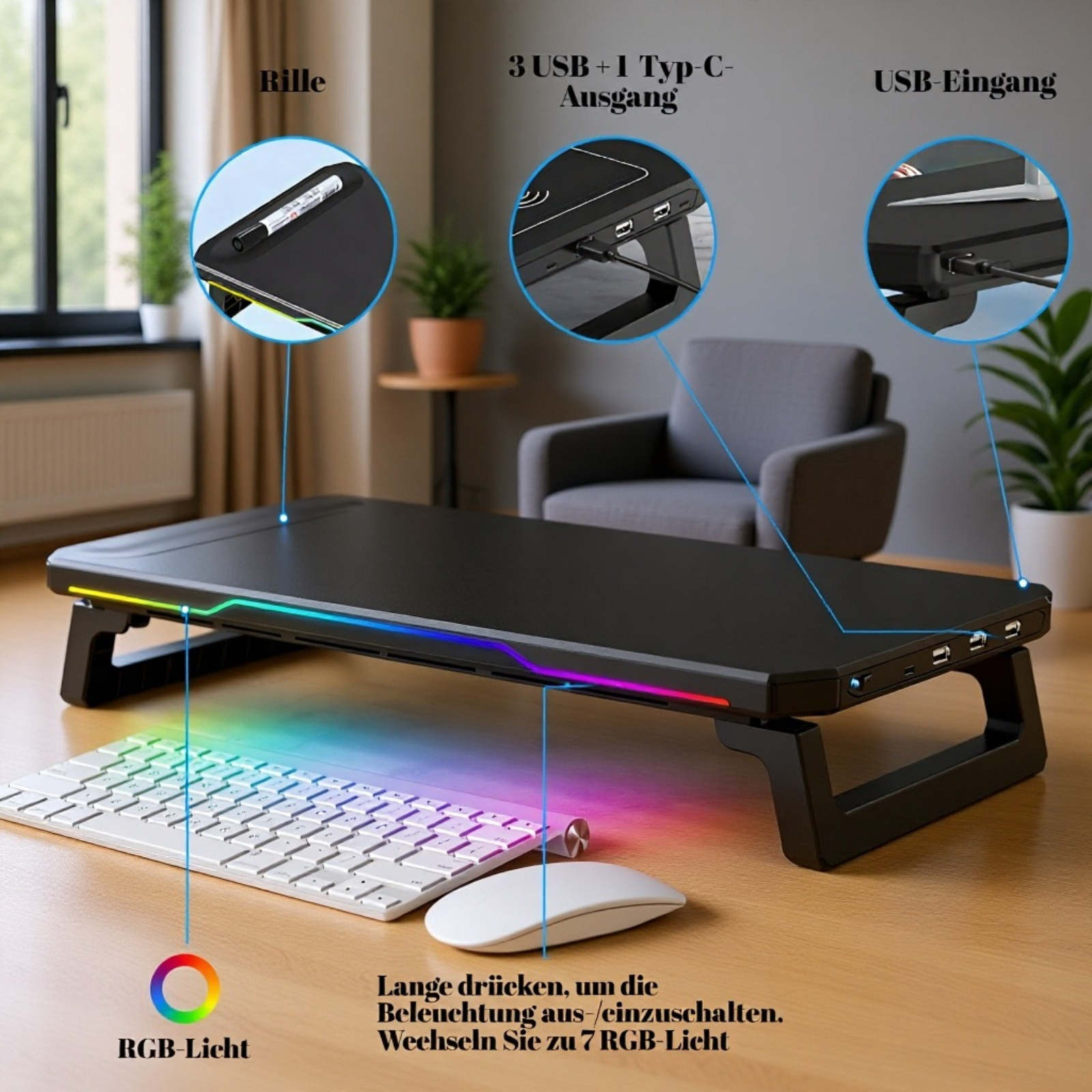 Cooler Monitorständer mit modernem Design und Licht