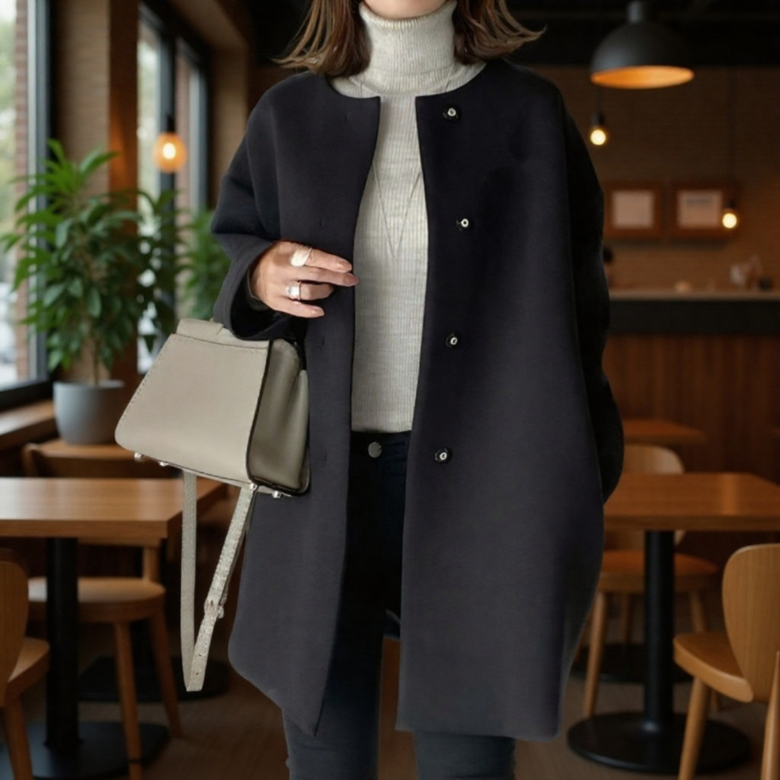 프리미엄 여성 가을 겨울 솔리드 코트 루즈핏 일자 상의 모직 코트 무드 코트