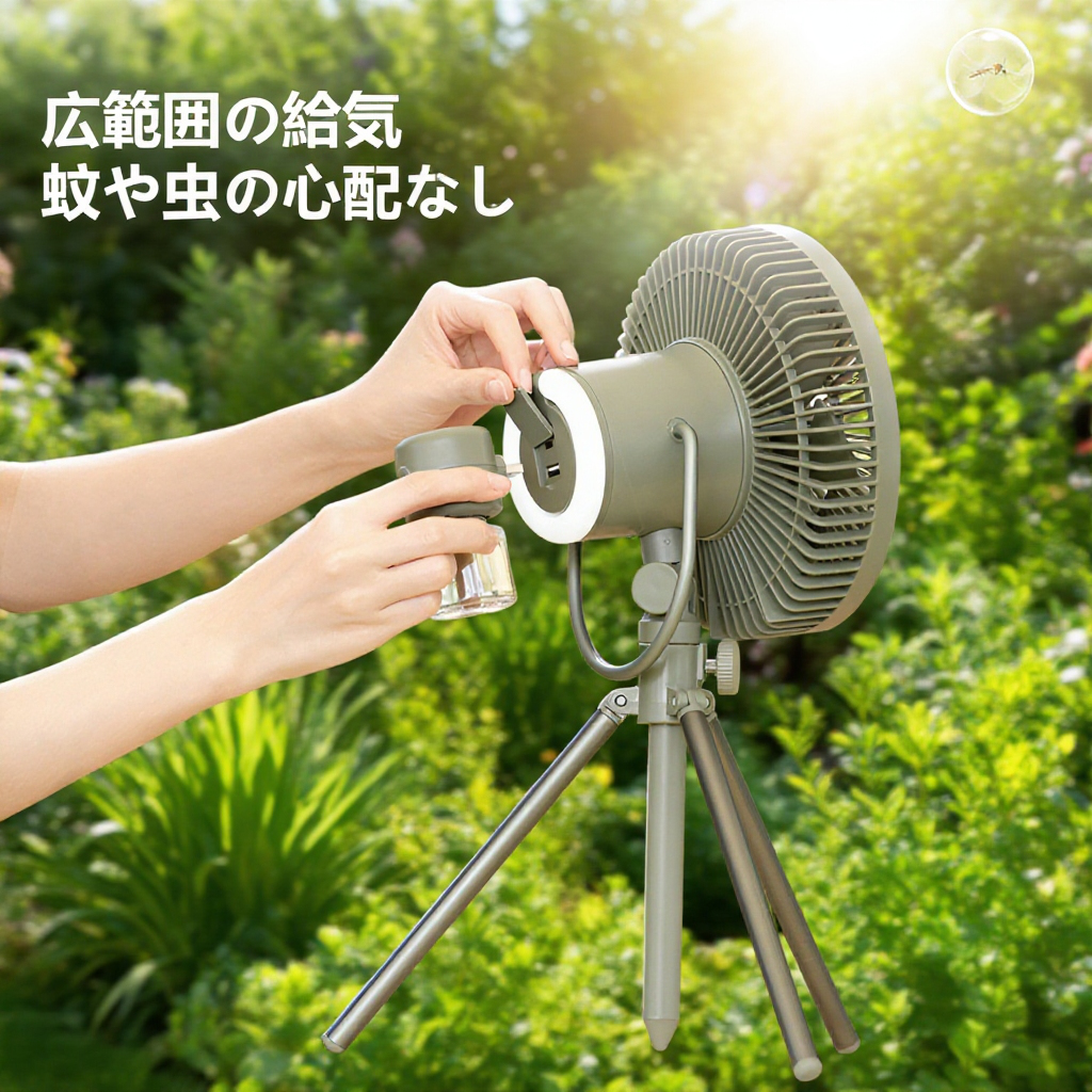 自動首振りアウトドア扇風機 蚊対策・虫対策・照明・リモコン機能付き