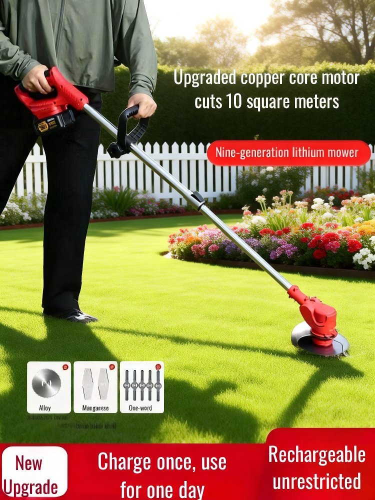 Cordless telescopic lithium lawn mower in use