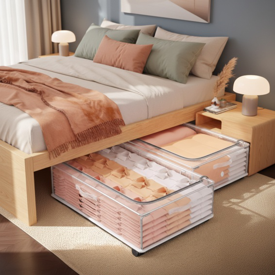 Movable under-bed storage box for clothes and blankets