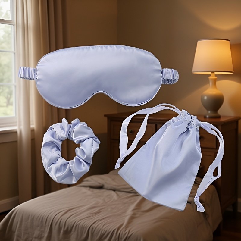 Sada tří kusů - maska na spaní z imitace hedvábí s úložným pytlíkem, vhodná na cestování