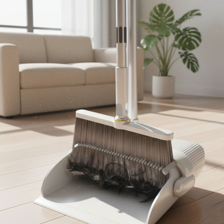 Multi-Functional Long Handle Soft Bristle Broom and Dustpan Set in use
