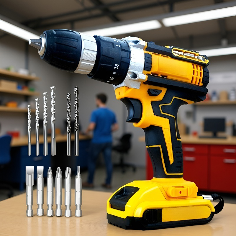 24V-os sárga akkumulátoros szerszámcsomag, elektromos fúrógéppel