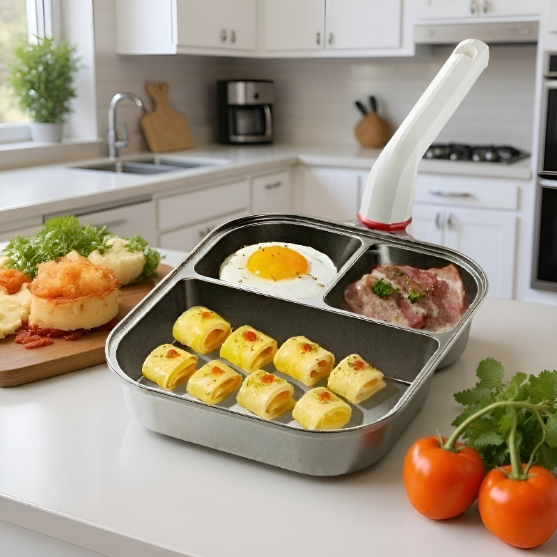 Sartén de desayuno de titanio tres en uno, antiadherente y de fondo grueso