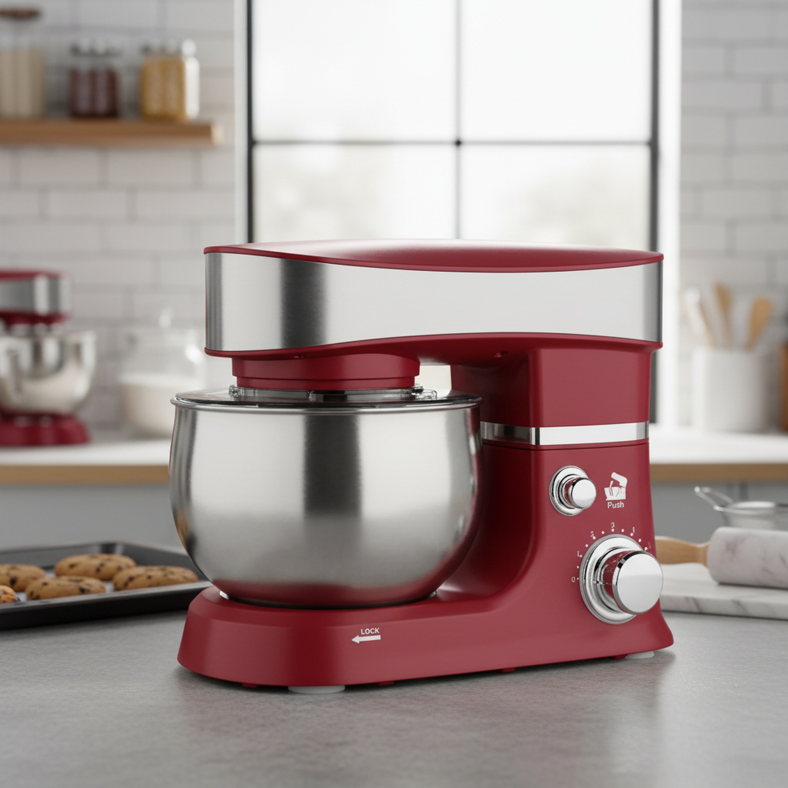 Kitchen mixer with kneading, whisking, blending attachments