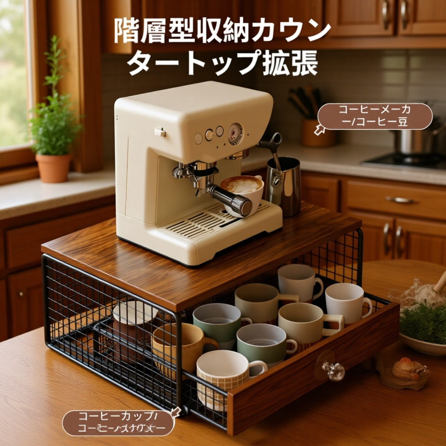 コーヒーマシン用収納ラック 分層式引き出し 組み立て不要