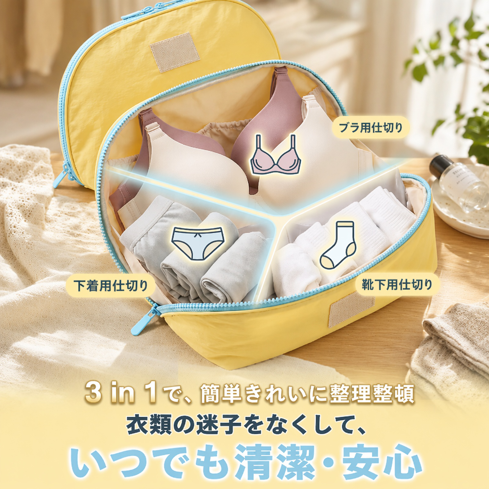 3-in-1トラベル下着収納バッグ