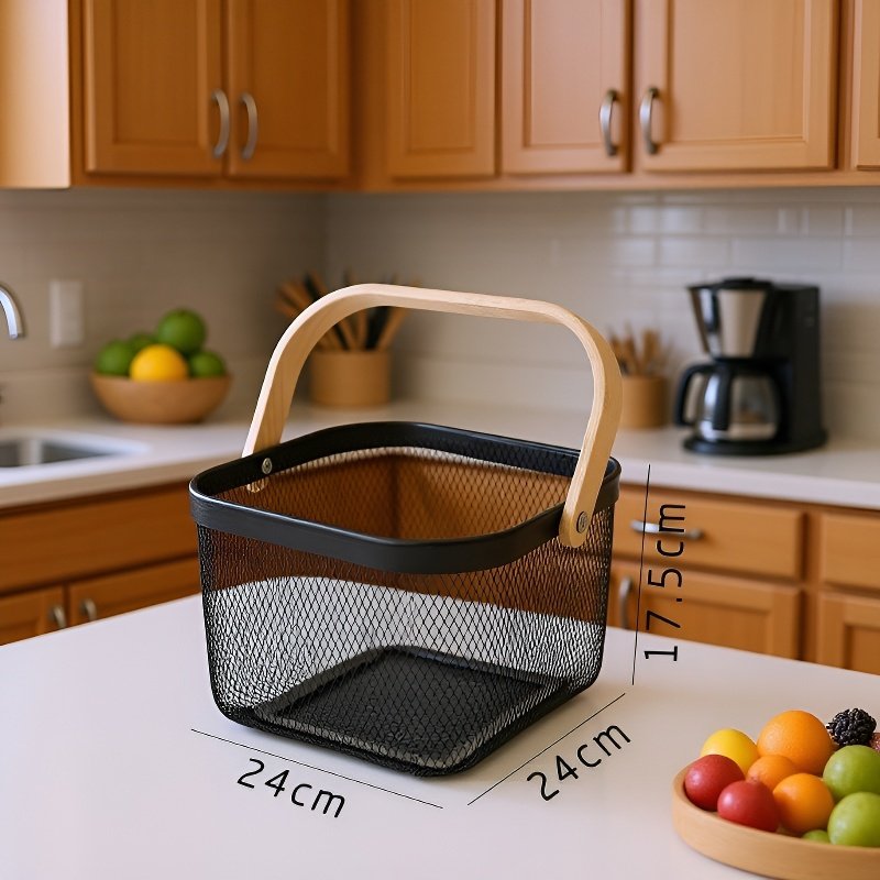 Portable Metal Mesh Fruit Basket with Wooden Handle for Home & Kitchen