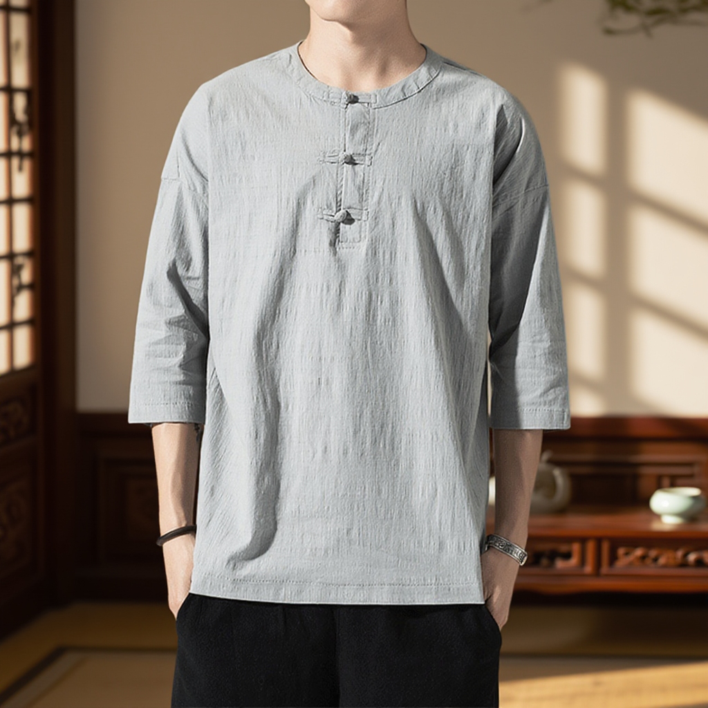 【チャイナシャツ】リネンを楽しむ、シンプルワンピース。