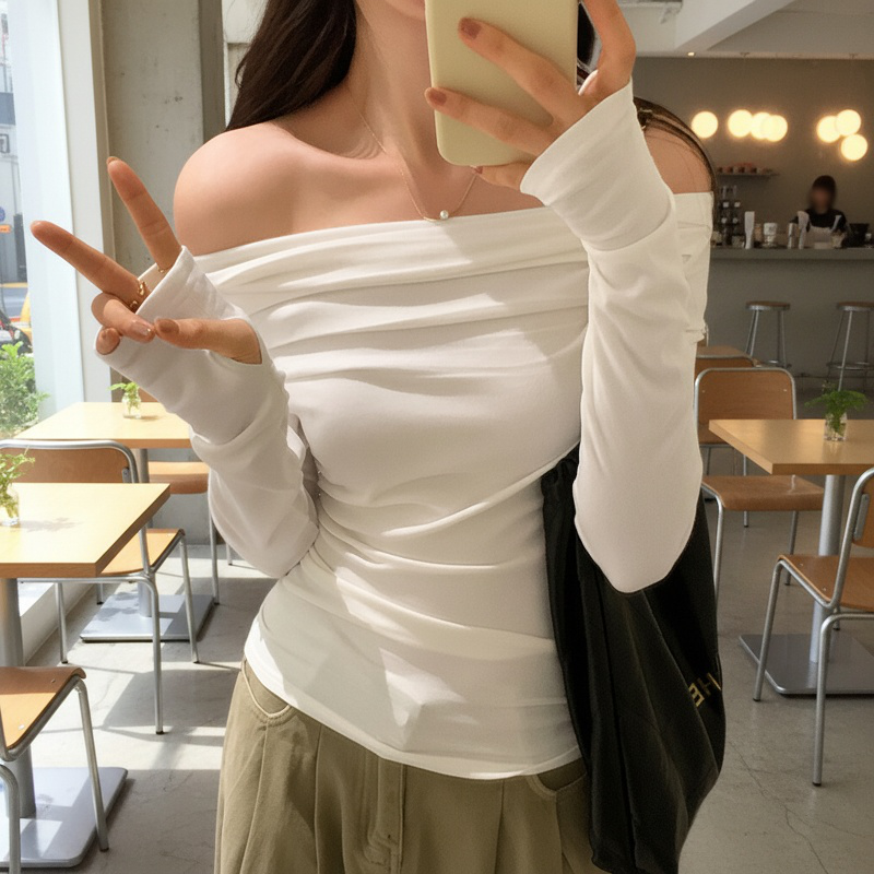 허리 조이는 쇼트 상의 셔링 섹시 쇼트 상의 긴팔 티셔츠 여 슬림핏 허리 조이는 봄옷