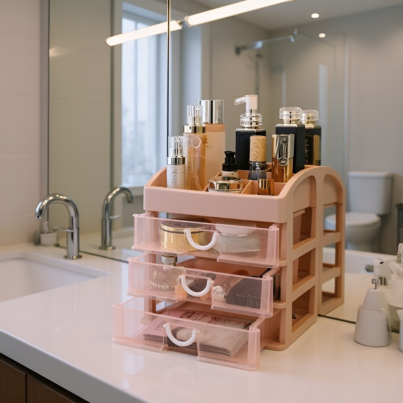 Kleine transparente Aufbewahrungsbox mit Schublade für Kosmetik und Lippenstift auf dem Schreibtisch