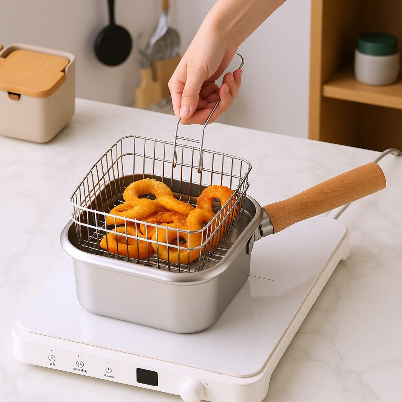 日本製ステンレススクエアフライパン 家庭用麺調理鍋 ミルクポット アウトドアポータブル多機能鍋 天ぷらフライパン