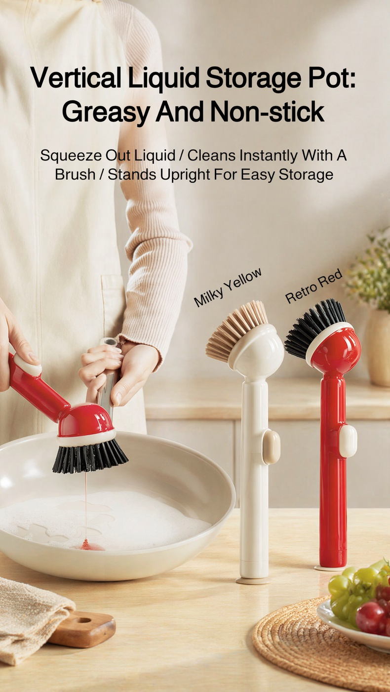 Vertical Long Handle Liquid-Dispensing Pot Brush in use cleaning a saucepan