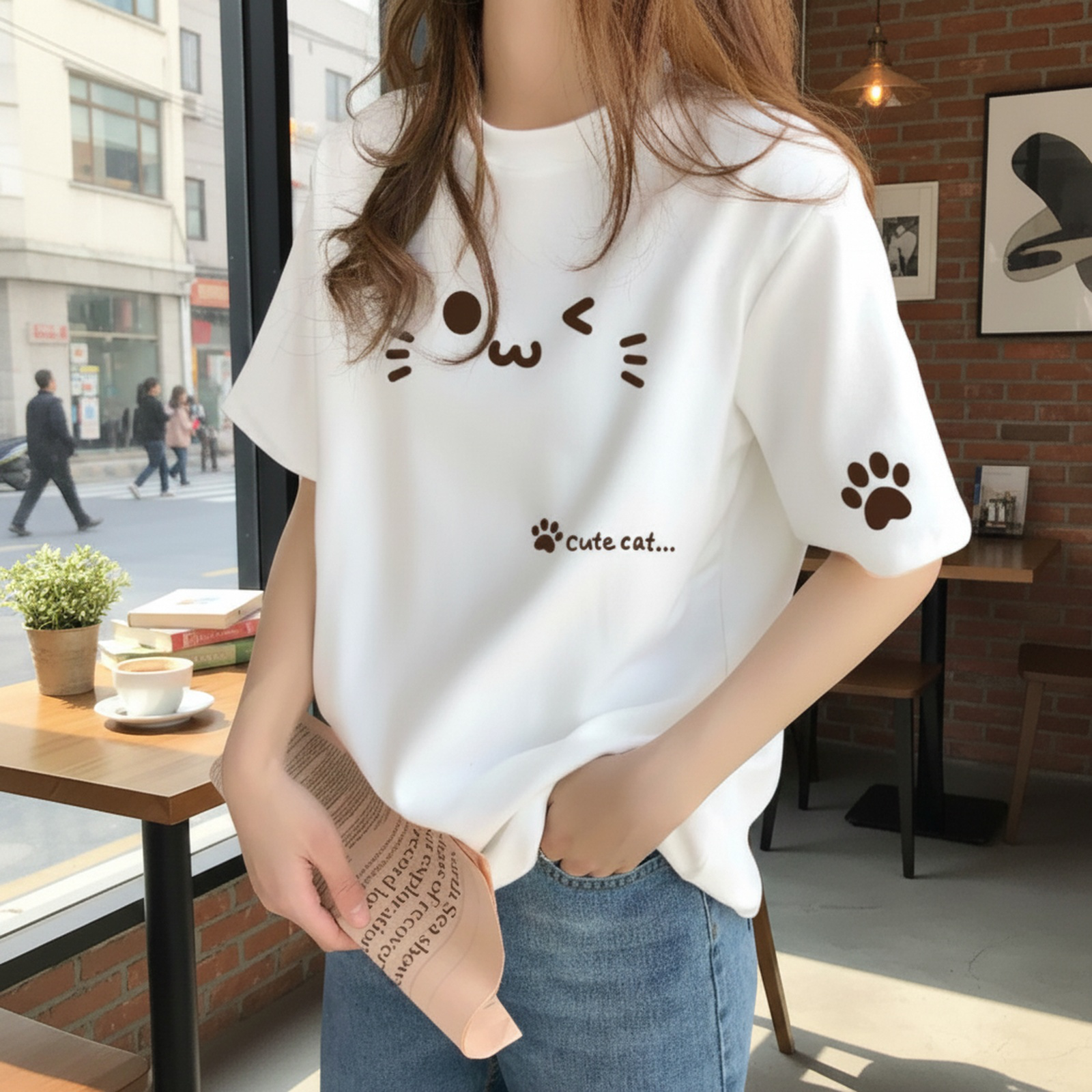 デザイン感のある レディース コットン ベージュ インナーTシャツ