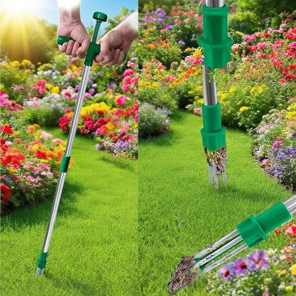 雑草を抜いているアルミチューブ雑草抜き器