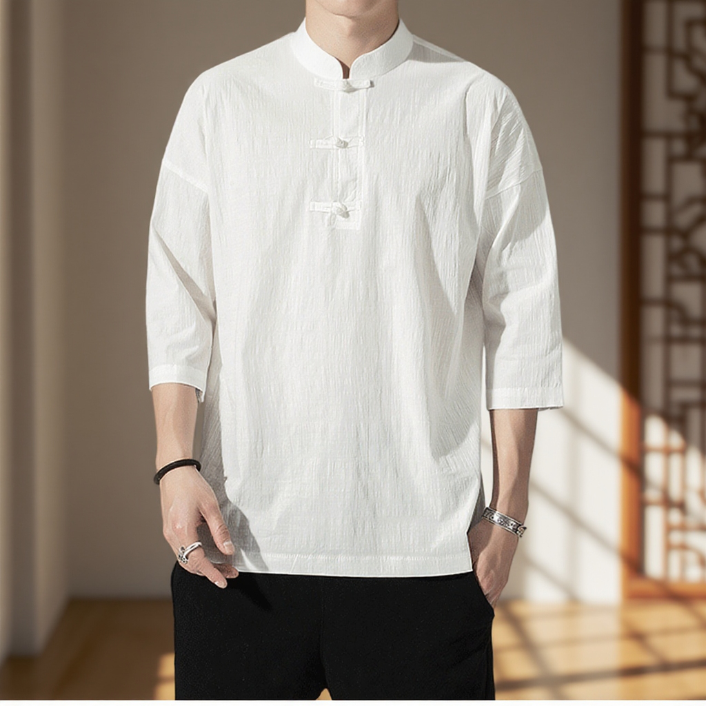 【チャイナシャツ】リネンを楽しむ、シンプルワンピース。